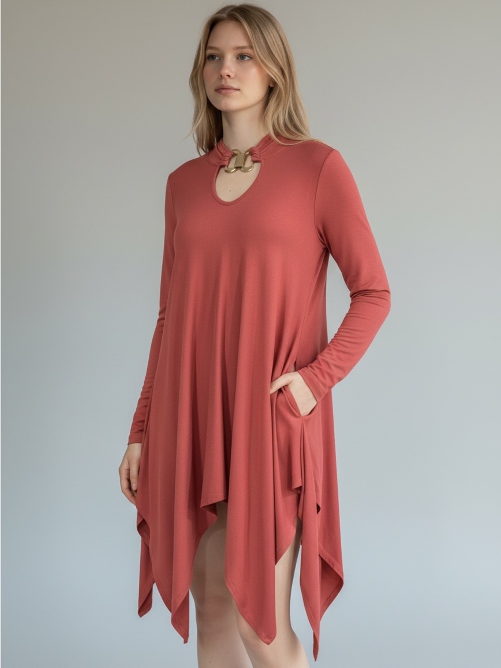 Carmen Marc Long Sleeve Handkerchief Hem Dress in Dusty Rose Buckle Tunic Top